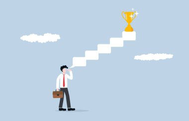 Basari icin adim adim dusunme, kariyer gelisimi icin sistematik planlama, is zorluklari hakkinda dusunce. İş adamı merdiven baloncuğu gibi düşünüyor.