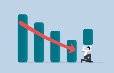 Ekonomik durgunluk ya da finansal kriz sırasında işletmelerin ayakta kalmasını sağlamak, en kötü iş zamanı konseptiyle başa çıkmak için girişimcilik. İş adamı, yükselmek için eğilim çubuğu taşıyor.