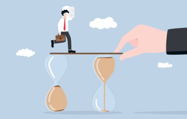 Flexible working hours, adjusting time according to workload, time management for efficient productivity concept. Giant boss hand giving new working time hourglass for employee with overwork.