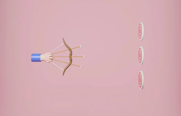 Aiming three arrows at three archery targets, Multitasking skill or working efficiency concept, 3D illustration.