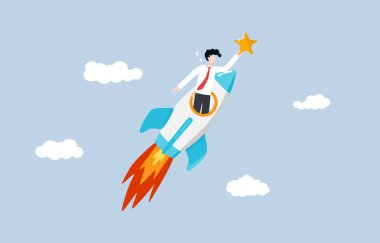 Başarılı bir başlangıç, yenilikçi bir iş şirketinin hızlı büyümesi, girişimcilik kavramı. Kendine güvenen işadamı, parlak yıldızı yakalamak için roket penceresinin önünde beliriyor..