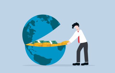 Successful global investment, international business growth or expansion, world economic achievement concept. Joyful businessman accumulate money inside earth.