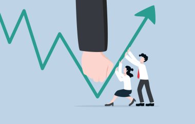 Retail investors cooperatively fight high net worth fund groups or short sellers, wins by individual investors concept. Tiny investors collaborating to rise up graph after fell down by giant fist.