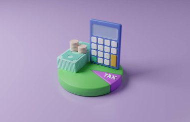 Calculator with banknotes, coins, and pie chart of revenue including tax, income tax calculation concept, 3D render illustration.