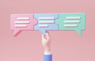Hand completely connecting puzzle speech bubbles, compromise idea or opinion among team meeting, mediator to finish business deal concept, 3d render illustration.