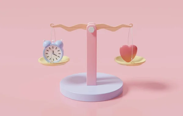Minimal heart and clock on balance scales, time management for healthy life and efficient working, work life balance concept, 3d render illustration.