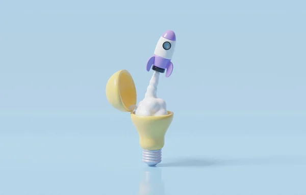 Rocket flying out of opened light bulb, startup idea or entrepreneurship to build new bright future business, 3d render illustration.
