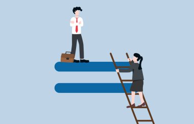 Gender inequality in office, challenge of woman to be accepted in organization, discrimination against lady, Businessman stand on equality sign while businesswoman climb up stair to reach same level.