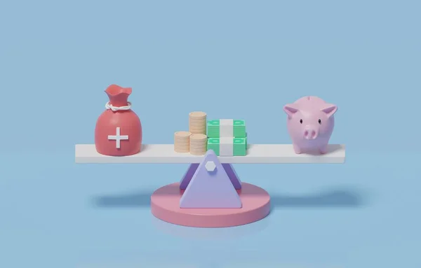 Reserve money bag, coins, banknotes, and piggy bank on balance scales, financial management for sustainable life concept, 3d render illustration.