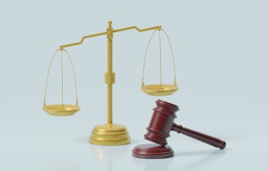 Altın dengelenmemiş adalet terazileri yargıç çekici, adaletsiz yargılama, kanun üzerinde etkili olma, 3 boyutlu resimleme. 