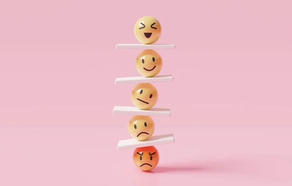 与Seesaws垂直排列的Emoji情绪 对职业成功和幸福概念的情感控制 3D说明了这一点 — 图库照片