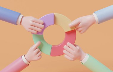 Turta arabasını birbirine bağlayan insanların elleri, müzakere iş yararları, yatırım temettüeli konsepti, üç boyutlu resimleme.