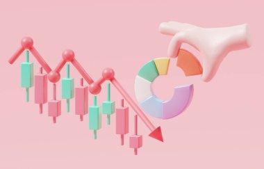 Elle yeniden düzenleme pasta grafiği hisse senedi değişimine uygun olacak şekilde, yatırım portföyünün risk ve yatırım hedefi kavramına uygun olarak yeniden dengelenmesi, 3D çizim. 