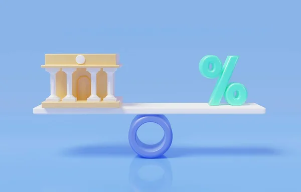 Bank building and percentage sign on seesaw as weighting scales, monetary policy to control inflation, central bank with interest rate controls concept, 3d render illustration.