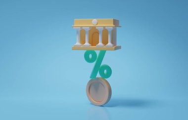 Banka bakiyesi yüzdelik tabela ve madeni para yığını, Merkez Bankası para politikası mali istikrar kavramını korumak için, 3D resimleme.