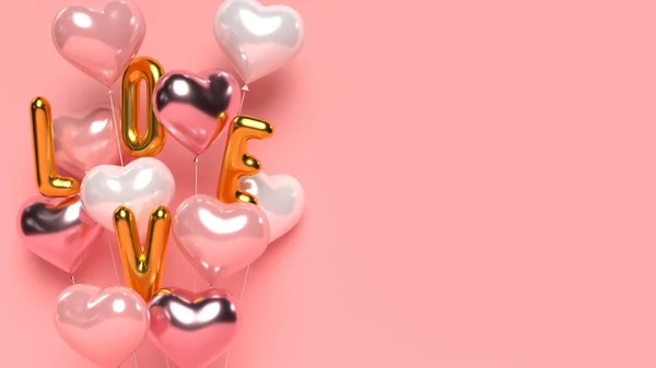 3d glossy heart balloons with gold word love. — Foto Stock