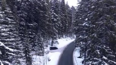 Hava manzaralı karlı orman dağları arabalarla kış yolu sürüyor..