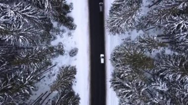 Hava manzaralı karlı orman dağları arabalarla kış yolu sürüyor..