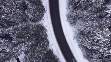 Hava manzaralı karlı orman dağları arabalarla kış yolu sürüyor..