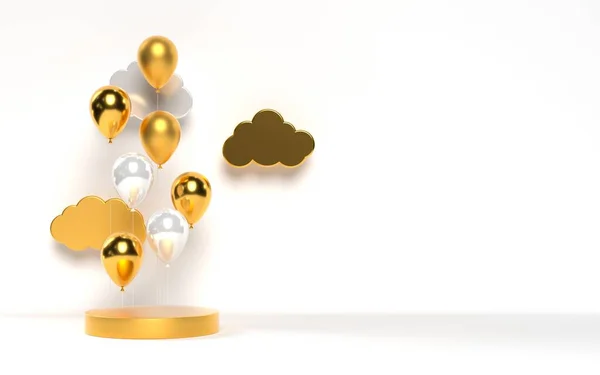3D glänsande gyllene ballonger med podium och moln. — Stockfoto