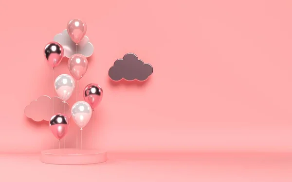 3d glossy balloons with podium and clouds. — Stock Photo, Image