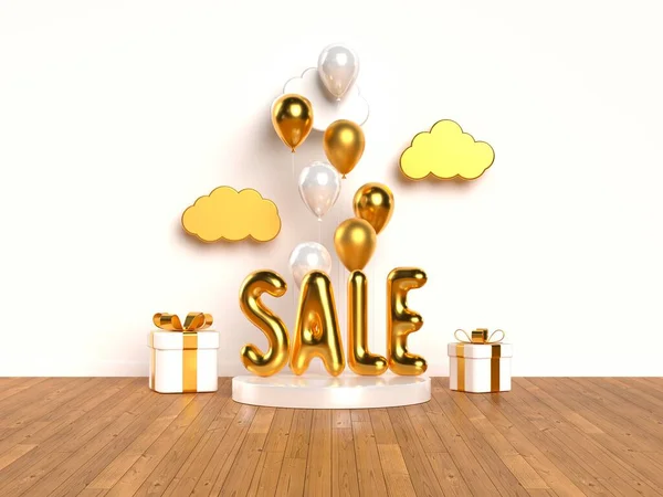 3d rendering scene with glossy golden sale. — Stock Photo, Image