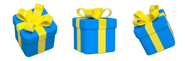 Set of 3d blue gift boxes, yellow glossy ribbon —  Fotos de Stock