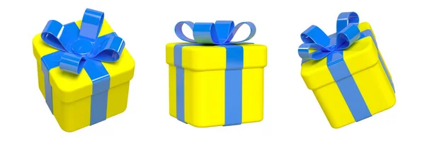 Set of 3d yellow gift boxes, blue glossy ribbon — Zdjęcie stockowe