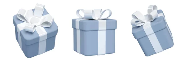 3d gift box with bow, white and blue — Zdjęcie stockowe