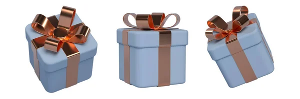 3d gift box with bow, copper and blue — Zdjęcie stockowe