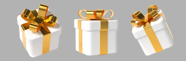 3d gift box with bow, golden and white — Fotografia de Stock