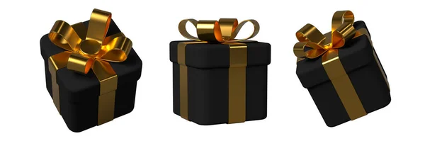 3d gift box with bow, golden and black — Zdjęcie stockowe