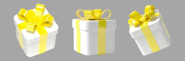 3d gift box with bow, yellow and white — Foto Stock