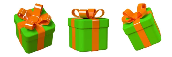 3d gift box with bow, orange and green — Zdjęcie stockowe