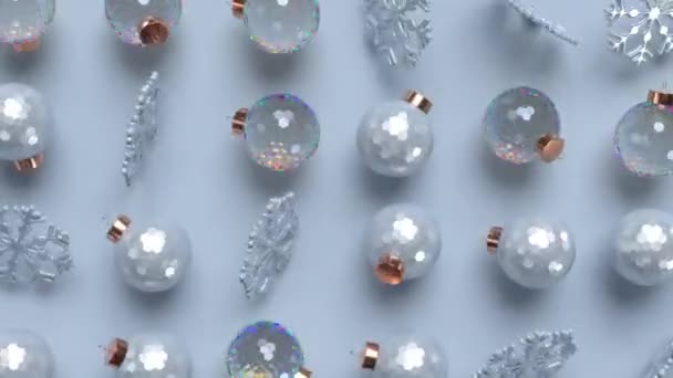Bolas Rotativas Natal Flocos Neve Fundo Azul Ano Novo Padrão — Vídeo de Stock