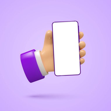 Telefonla üç boyutlu el. Beyaz ekranlı şablon, model. Vektör illüstrasyonu.