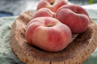 Taze olgun şeftaliler erik persika ya da donut şeftalisi ya da Satürn şeftalisi