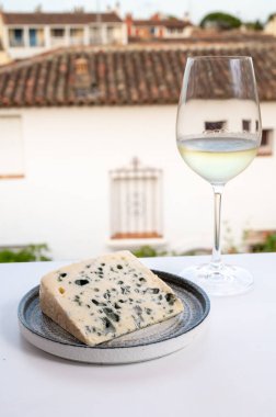 Peynir koleksiyonu, Roquefort-sur-Soulzon, Fransa 'dan yarı sert Fransız rokfor peyniri, soğuk beyaz Fransız şarabı ile servis edilir, yakın çekim.