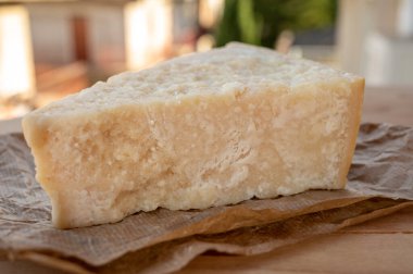 Peynir koleksiyonu, olgun inek peyniri pasmesan parmegiano reggiano ve arka planda İtalyan evleri güneşli bir günde