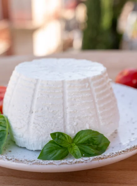 Colección Quesos Ricotta Italiana Blanca Queso Blando Servida Con Tomates — Foto de Stock