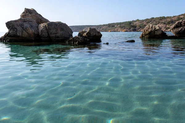 Crystal Clear Blue Water Mediterranean Sea Yellow Rocks Sandy Konnos — Stock Photo, Image