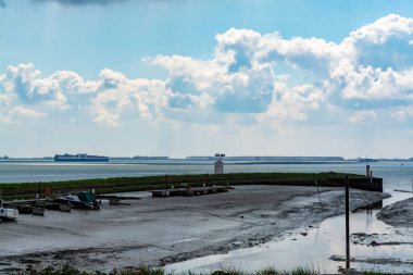 Zeeland 'in deniz kıyısındaki panoramik manzara, alçak gelgit sırasında, Hollanda' nın doğası