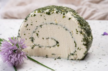 Peynir koleksiyonu, taze beyaz keçi peyniri Fransız peyniri, aromatik otlar ve pirzolalar.