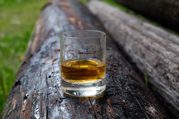 Glas Starker Scotch Single Malt Whisky Auf Altem Baumstamm Kreosot — Stockfoto