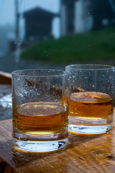 強いスコッチシングルモルトウイスキーと雨の水の滴のメガネ スコットランドの夏 — ストック写真