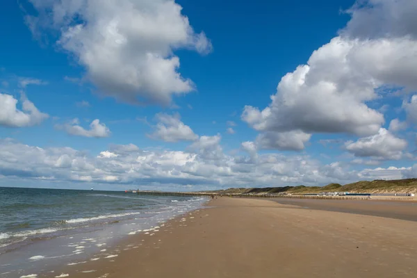 Walking on white sandy beach North sea beach near Zoutelande, Zeeland, Netherlands during low tide
