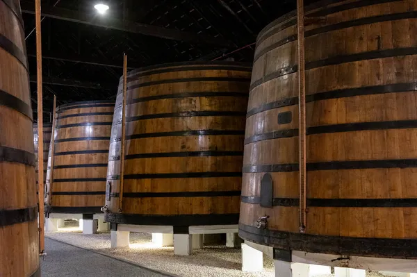 Vecchia Loggia Portuale Con File Botti Legno Quercia Lento Invecchiamento — Foto Stock