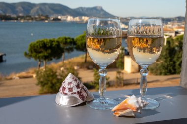 Fransız Rivierası 'nda yaz mevsimi, Cotes de Provence' den Toulon, Var, Fransa ve deniz kabukları manzaralı soğuk beyaz veya gül gris şarabı içmek.