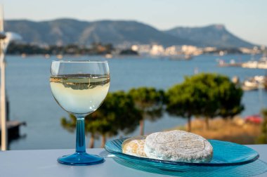 Fransız Rivierası 'nda yaz mevsimi, Cotes de Provence' den soğuk beyaz şarap içmek açık teraslarda Toulon, Var, Fransa limanı manzaralı.