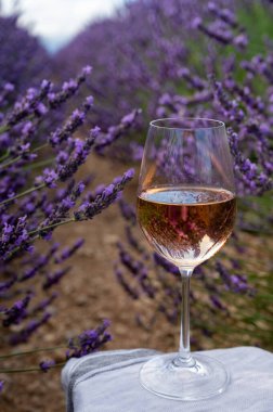 Fransız Provence 'de yaz mevsimi, Cotes de Provence' den soğuk gris gül şarabı ve Valensole platosundaki renkli lavanta tarlaları, Provence, Fransa 'nın tat ve aromaları.